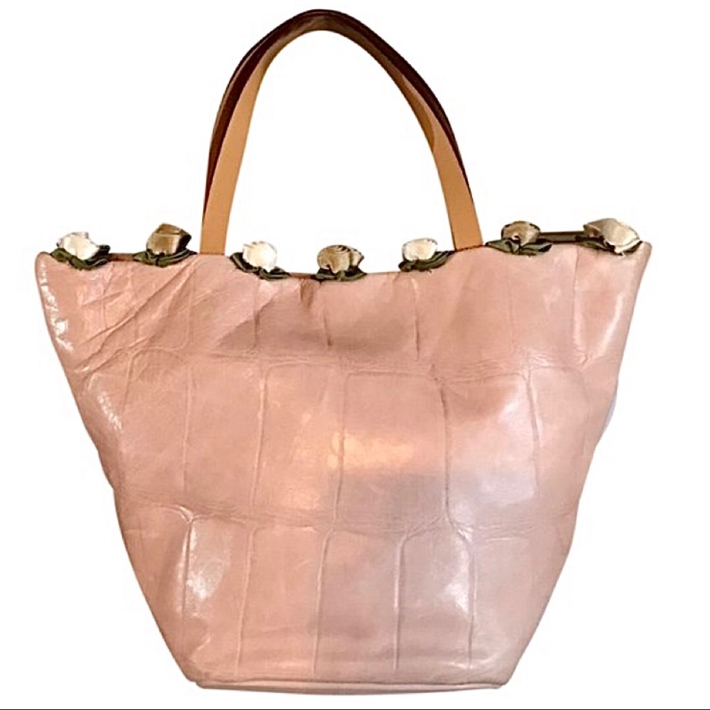 FALOR BLUSH TEXTURED LEATHER WITH SATIN ROSETTE DETAILS TOTE BAG